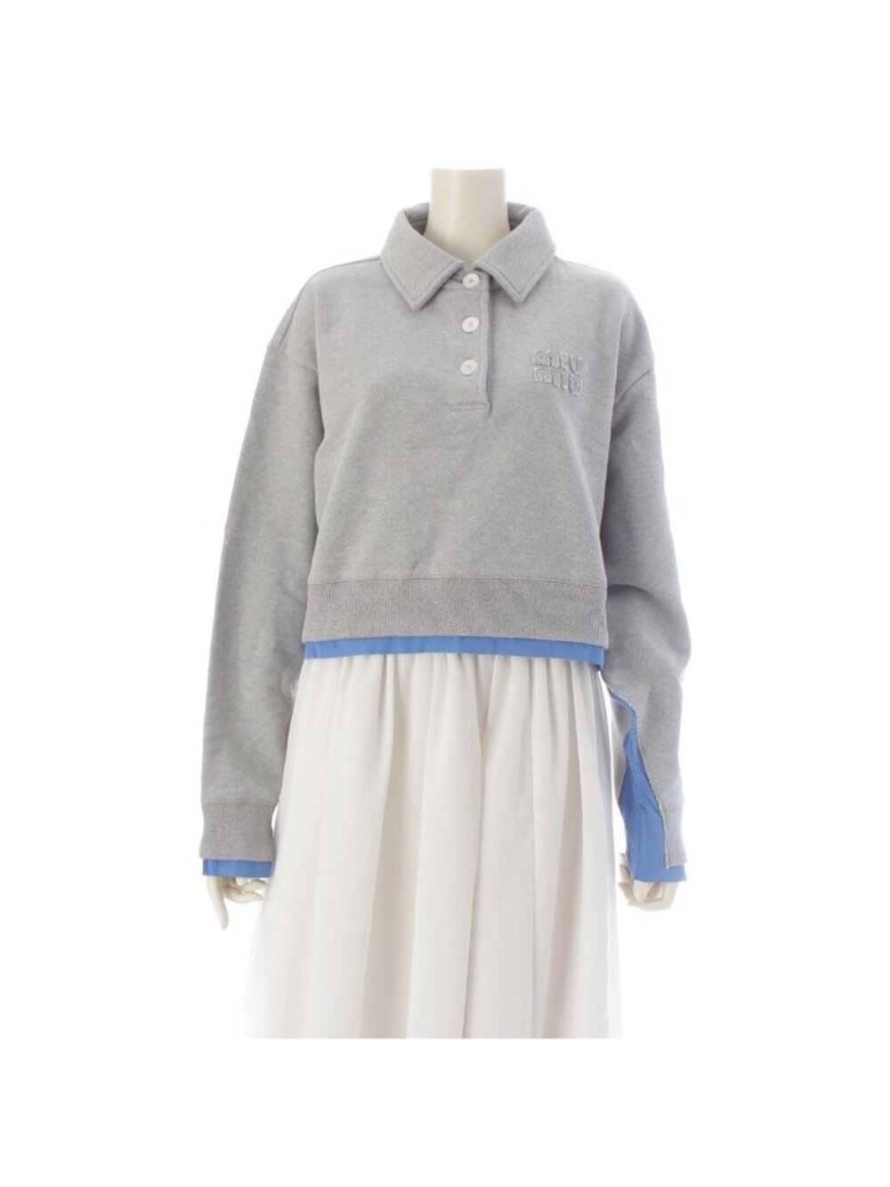 Miu Miu Cotton Polo Shirt Docking Pullover Sweatshirt Top Gray Blue